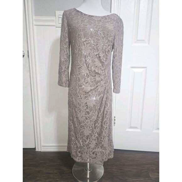 Vtg Marina Taupe Mesh Lace Sequin Beaded Sheath Dress Size 12 Cocktail Party - Picture 1 of 13